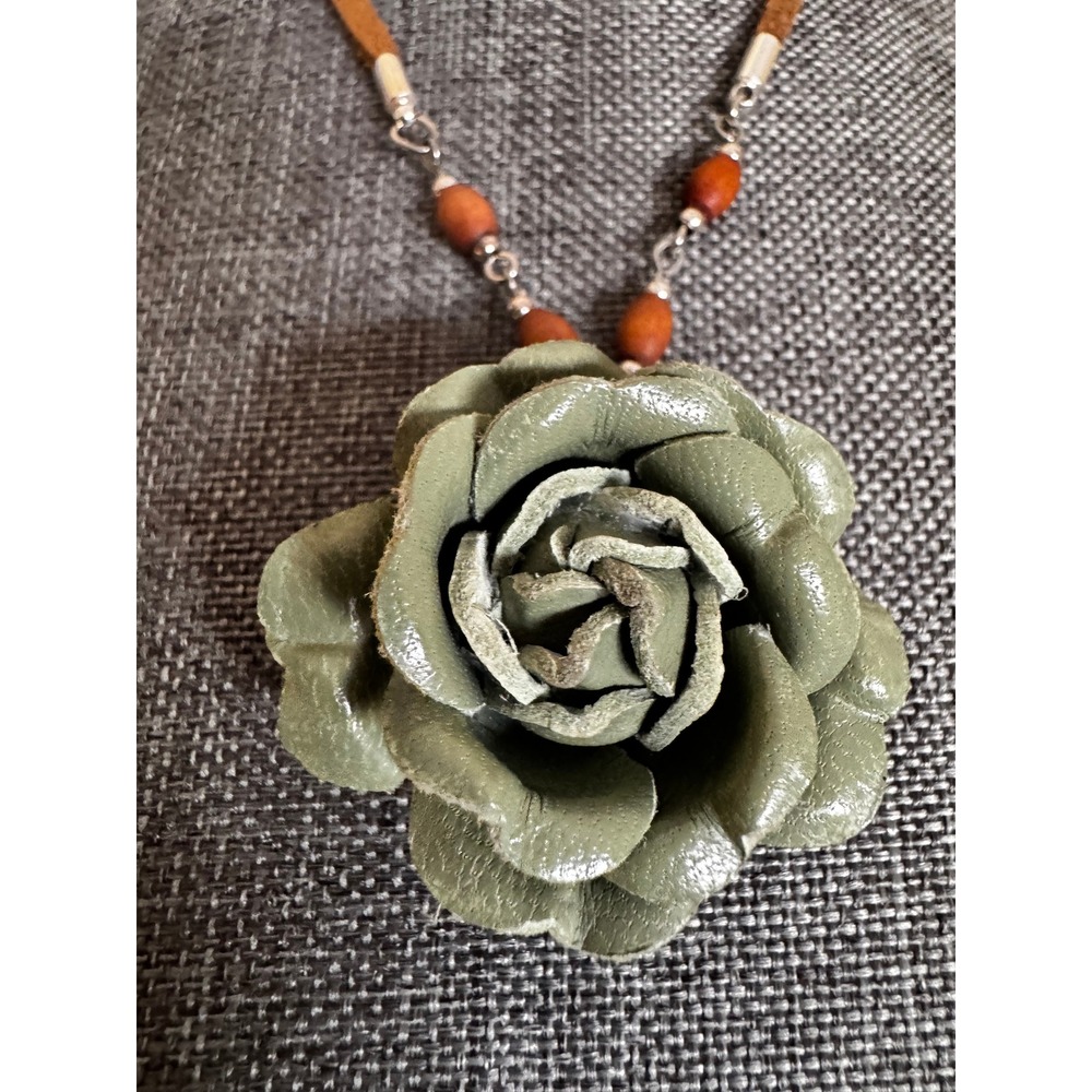 "V" Leather Rose Pendant Necklace Sage Green 14-16" Boho Festival Natural Floral